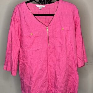 Company by Ellen Tracy V-Neck Linen Blouse in Hot Pink with Gold Zip